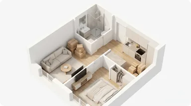 Cutaway floor plan of a one-bedroom apartment