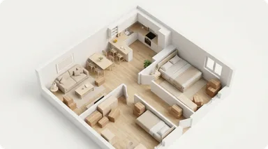Cutaway floor plan of a two-bedroom apartment