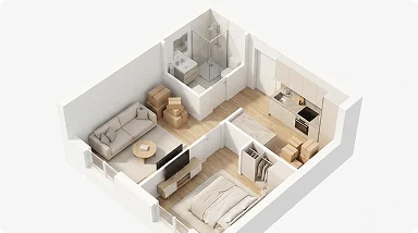 Plano 3D en sección de una vivienda de un dormitorio con cajas de mudanza empaquetadas.
