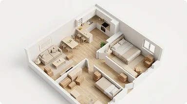 Plano 3D en sección de una casa de dos habitaciones con cajas de mudanza empaquetadas.
