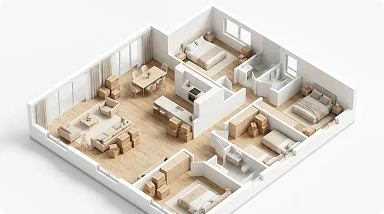 Cutaway 3D floor plan of a three-bedroom home with packed moving boxes