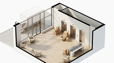 Cutaway 3D view of an apartment building lobby with elevators and packed moving boxes