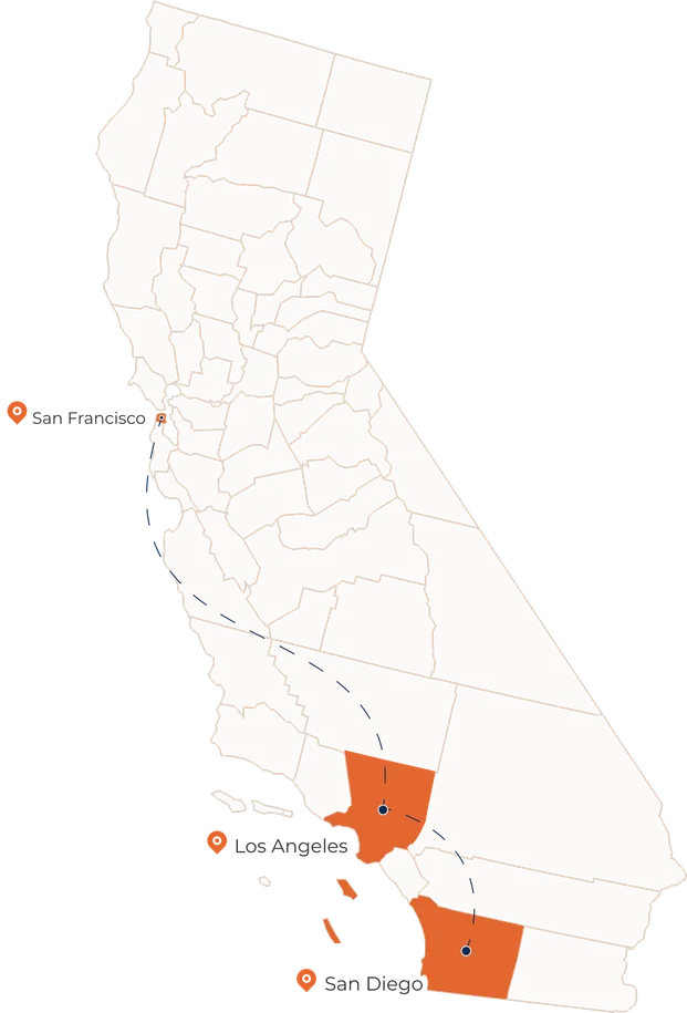 Mapa de California con la zona de servicio de las Best California Movers resaltada.