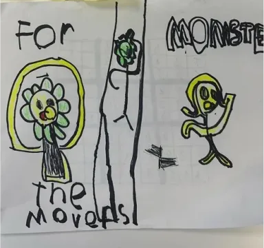Dibujo infantil agradeciendo al equipo de mudanzas