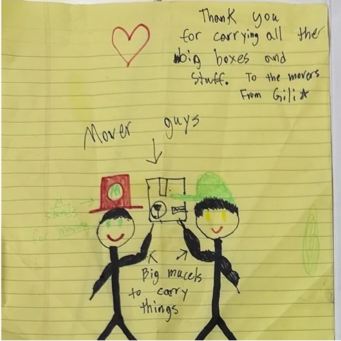 Handwritten thank-you note from a customer's child to the moving crew