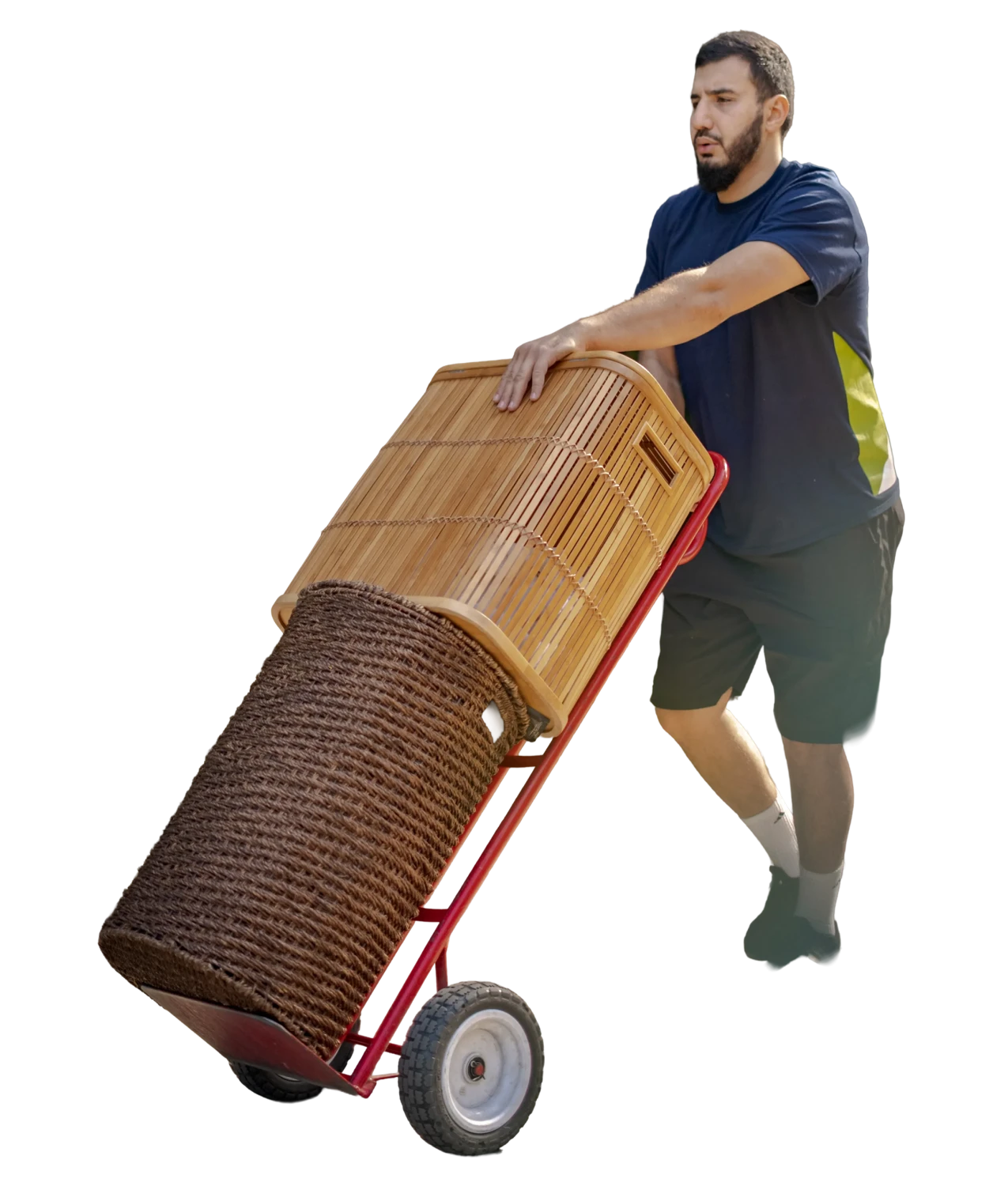 Best California Movers crew member wheeling a shrink-wrapped cabinet on a red hand truck