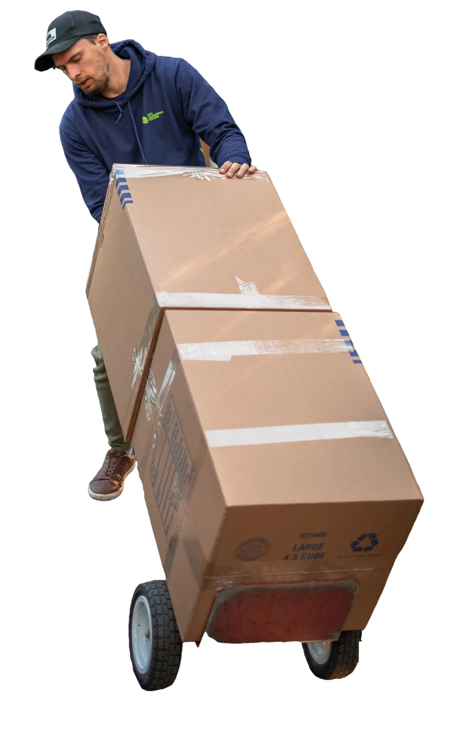 Best California Movers mover pushing moving boxes on a hand truck