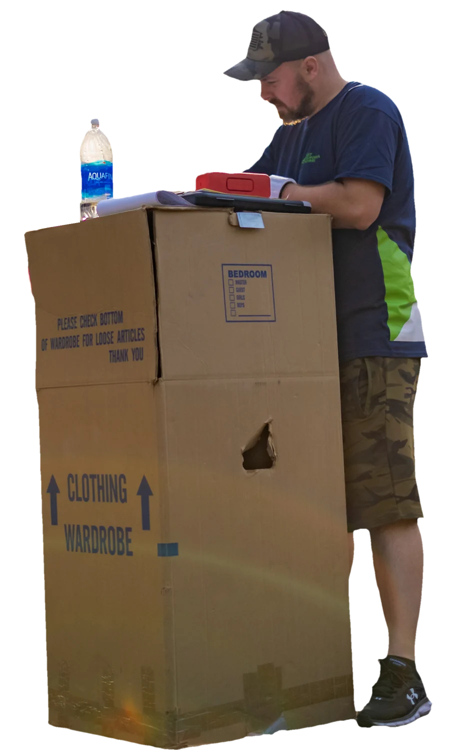 Best California Movers mover checking paperwork on a wardrobe box